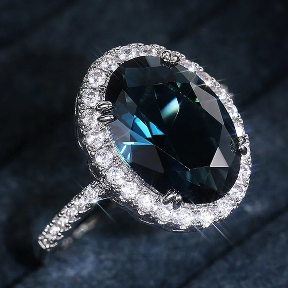 ▶Noble Hollow Anillos Super Large Oval Pure Royal Blue CZ Silver Ring, L263 - Picture 2 of 7